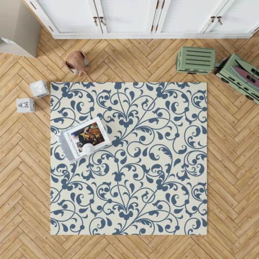 White Blue Floral Damask Rug