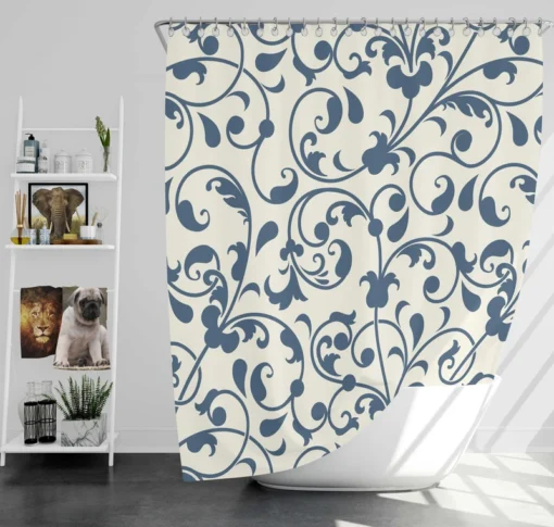 White Blue Floral Damask Shower Curtain