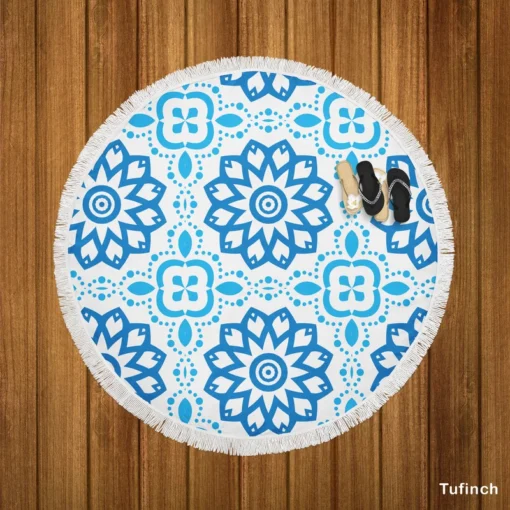 White Blue Mexican Pattern Round Beach Towel