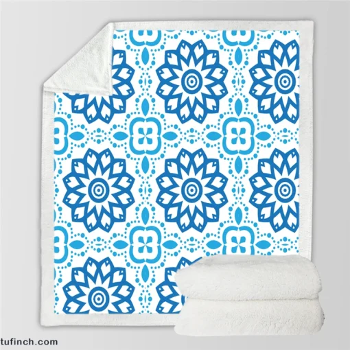 White Blue Mexican Pattern Sherpa Fleece Blanket