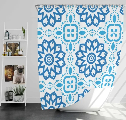 White Blue Mexican Pattern Shower Curtain