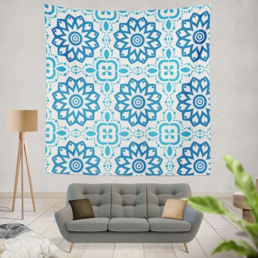 White Blue Mexican Pattern Wall Tapestry