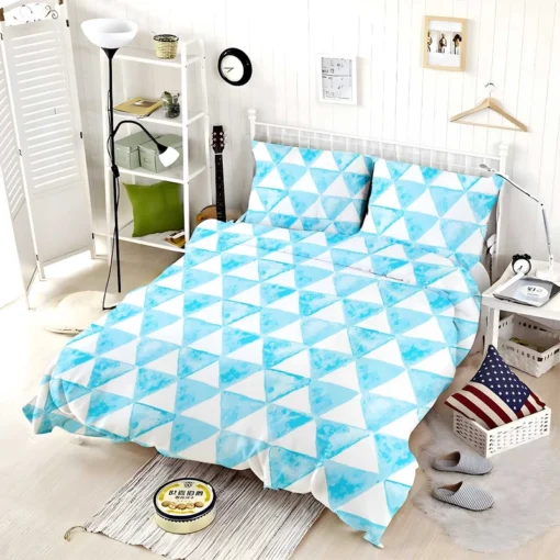 White Blue Triangle Design Bedding Set