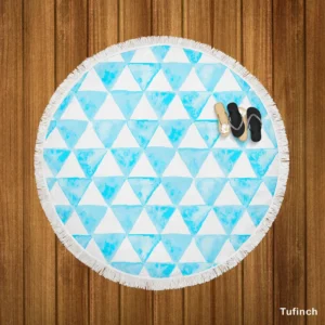 White Blue Triangle Design Round Beach Towel