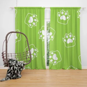 White Cat Paw Print In Green Background Curtain