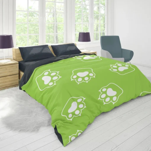 White Cat Paw Print In Green Background Duvet Cover 1