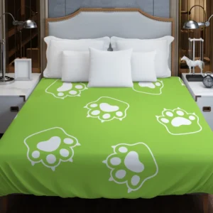 White Cat Paw Print In Green Background Duvet Cover