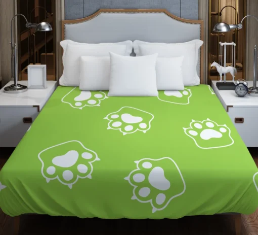 White Cat Paw Print In Green Background Duvet Cover