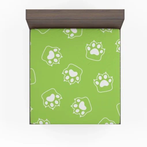 White Cat Paw Print In Green Background Fitted Sheet