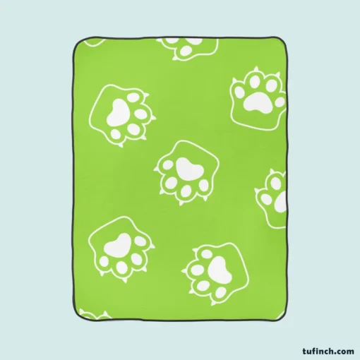 White Cat Paw Print In Green Background Fleece Blanket 1