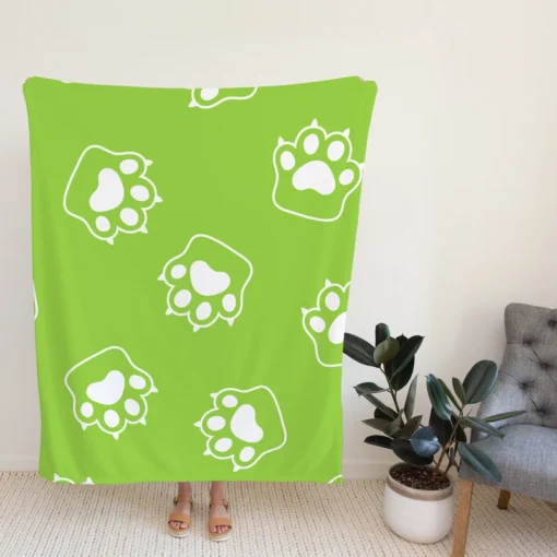 White Cat Paw Print In Green Background Fleece Blanket