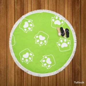 White Cat Paw Print In Green Background Round Beach Towel