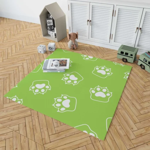 White Cat Paw Print In Green Background Rug 1