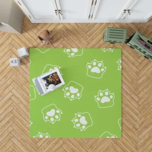 White Cat Paw Print In Green Background Rug