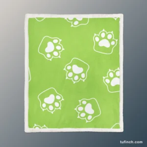 White Cat Paw Print In Green Background Sherpa Fleece Blanket 1