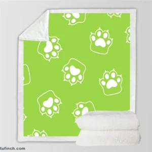 White Cat Paw Print In Green Background Sherpa Fleece Blanket