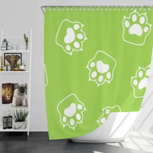 White Cat Paw Print In Green Background Shower Curtain