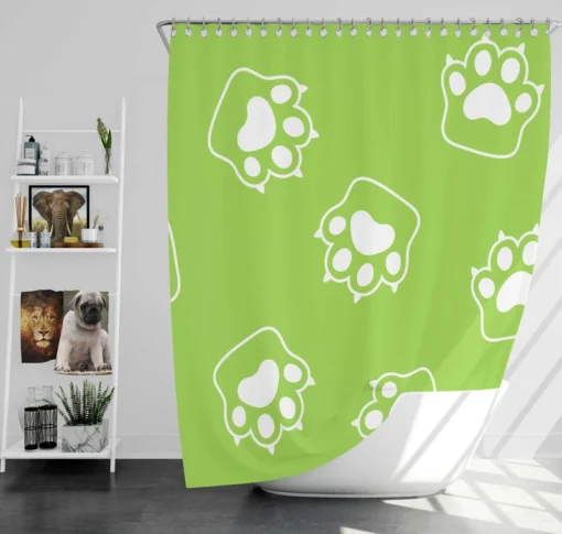 White Cat Paw Print In Green Background Shower Curtain