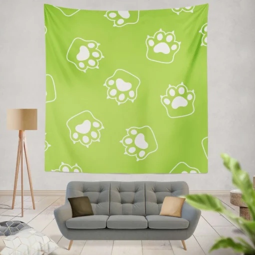 White Cat Paw Print In Green Background Wall Tapestry