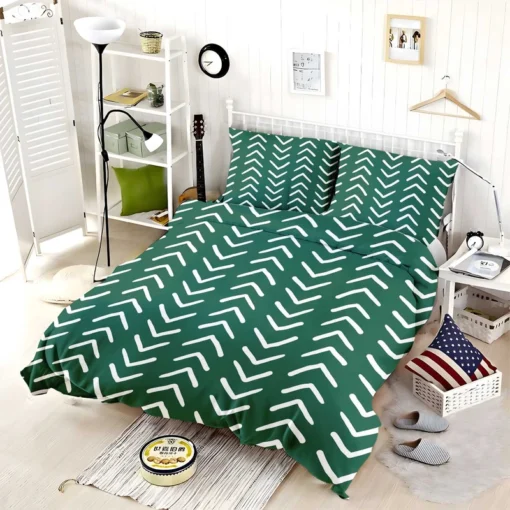 White Chevron Design On Green Bedding Set