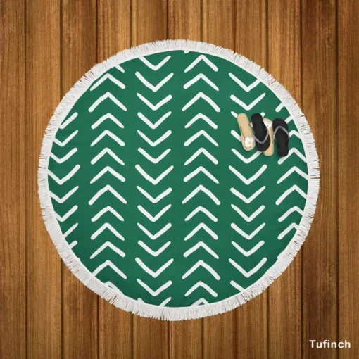 White Chevron Design On Green Round Beach Towel