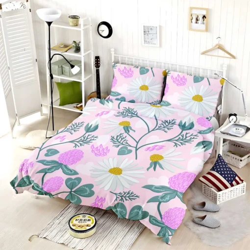 White Daisy Flower Spring Clover Flower Bedding Set