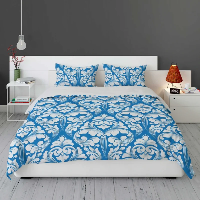 White Floral Damask In Azure Blue Bedding Set 1