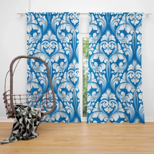 White Floral Damask In Azure Blue Curtain