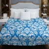 White Floral Damask In Azure Blue Duvet Cover