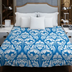 White Floral Damask In Azure Blue Duvet Cover