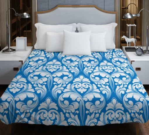 White Floral Damask In Azure Blue Duvet Cover