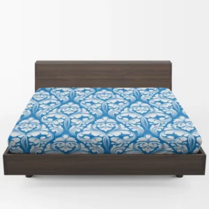 White Floral Damask In Azure Blue Fitted Sheet 1