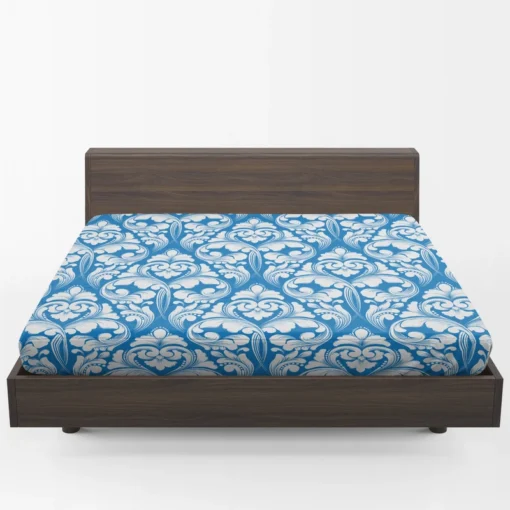 White Floral Damask In Azure Blue Fitted Sheet 1