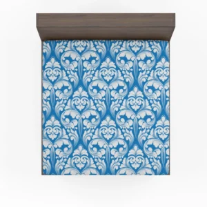 White Floral Damask In Azure Blue Fitted Sheet