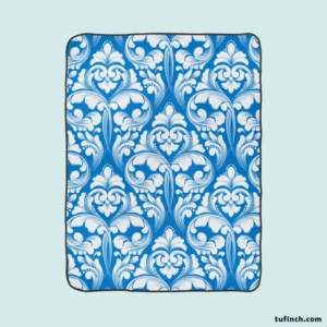 White Floral Damask In Azure Blue Fleece Blanket 1