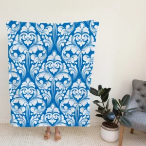 White Floral Damask In Azure Blue Fleece Blanket