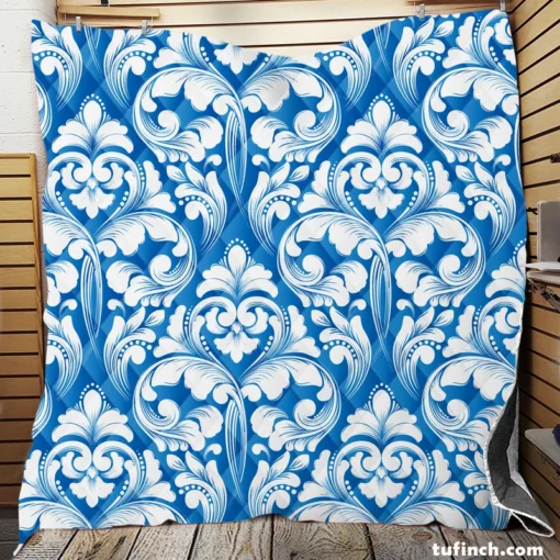 White Floral Damask In Azure Blue Quilt Blanket