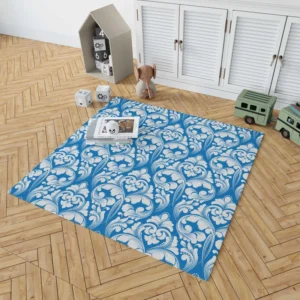 White Floral Damask In Azure Blue Rug 1