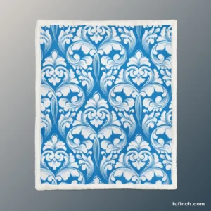 White Floral Damask In Azure Blue Sherpa Fleece Blanket 1