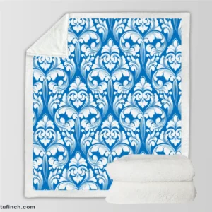 White Floral Damask In Azure Blue Sherpa Fleece Blanket