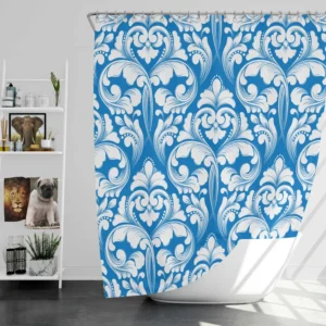 White Floral Damask In Azure Blue Shower Curtain