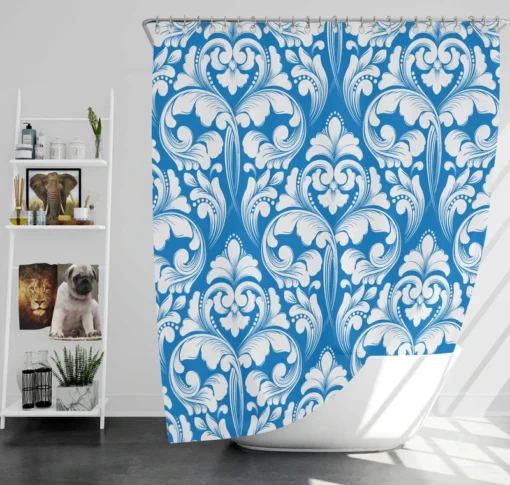 White Floral Damask In Azure Blue Shower Curtain