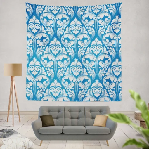 White Floral Damask In Azure Blue Wall Tapestry