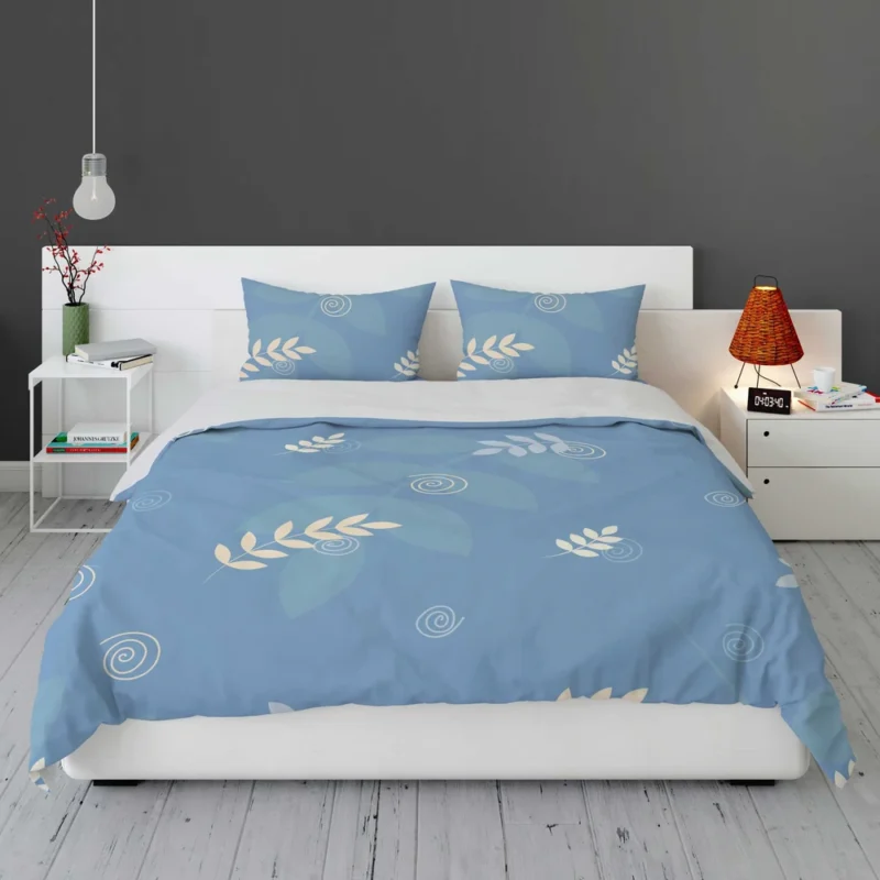 White Leaves Swirls On Blue Bedding Set 1