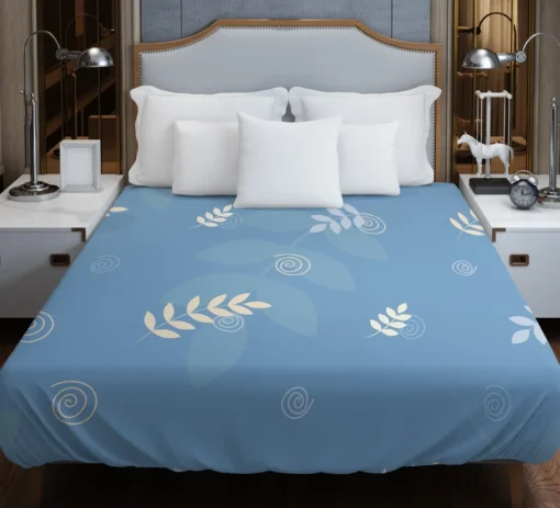 White Leaves Swirls On Blue Duvet Cover