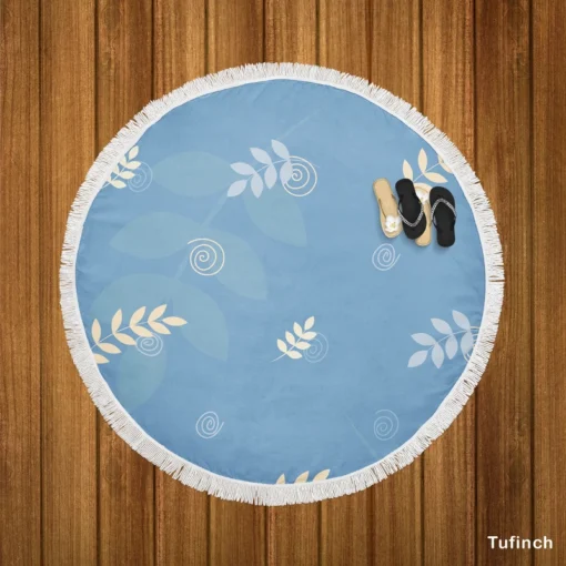 White Leaves Swirls On Blue Round Beach Towel