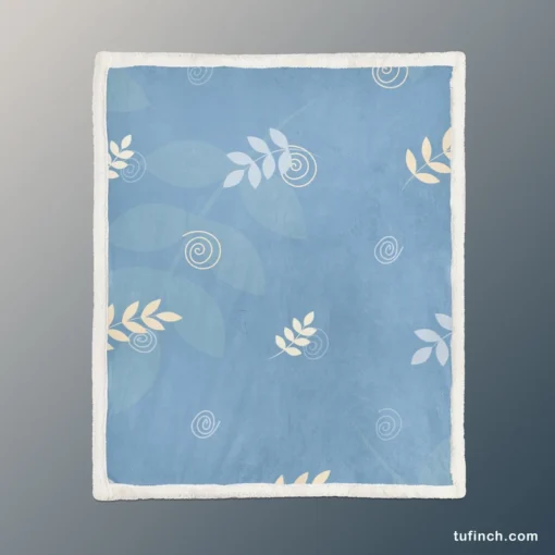 White Leaves Swirls On Blue Sherpa Fleece Blanket 1