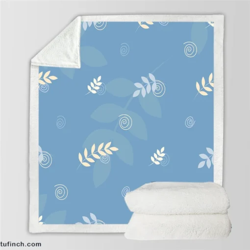 White Leaves Swirls On Blue Sherpa Fleece Blanket