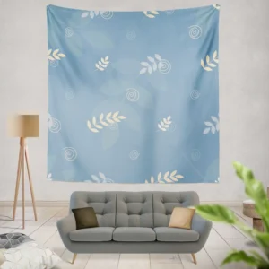 White Leaves Swirls On Blue Wall Tapestry