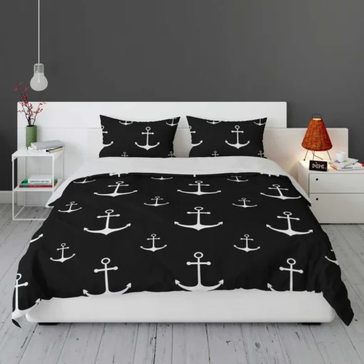 White Marine Anchor On Black Bedding Set 1